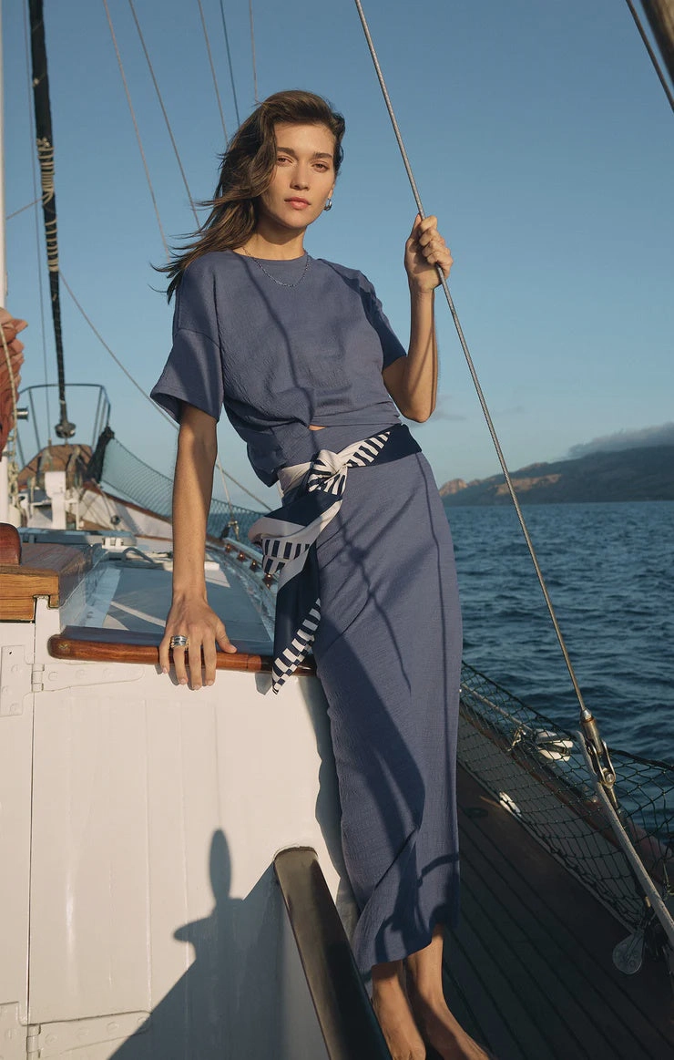 Recycled Polyester Blend Vintage Pullover Delavine Textured Midi Skirt - Worn Blue