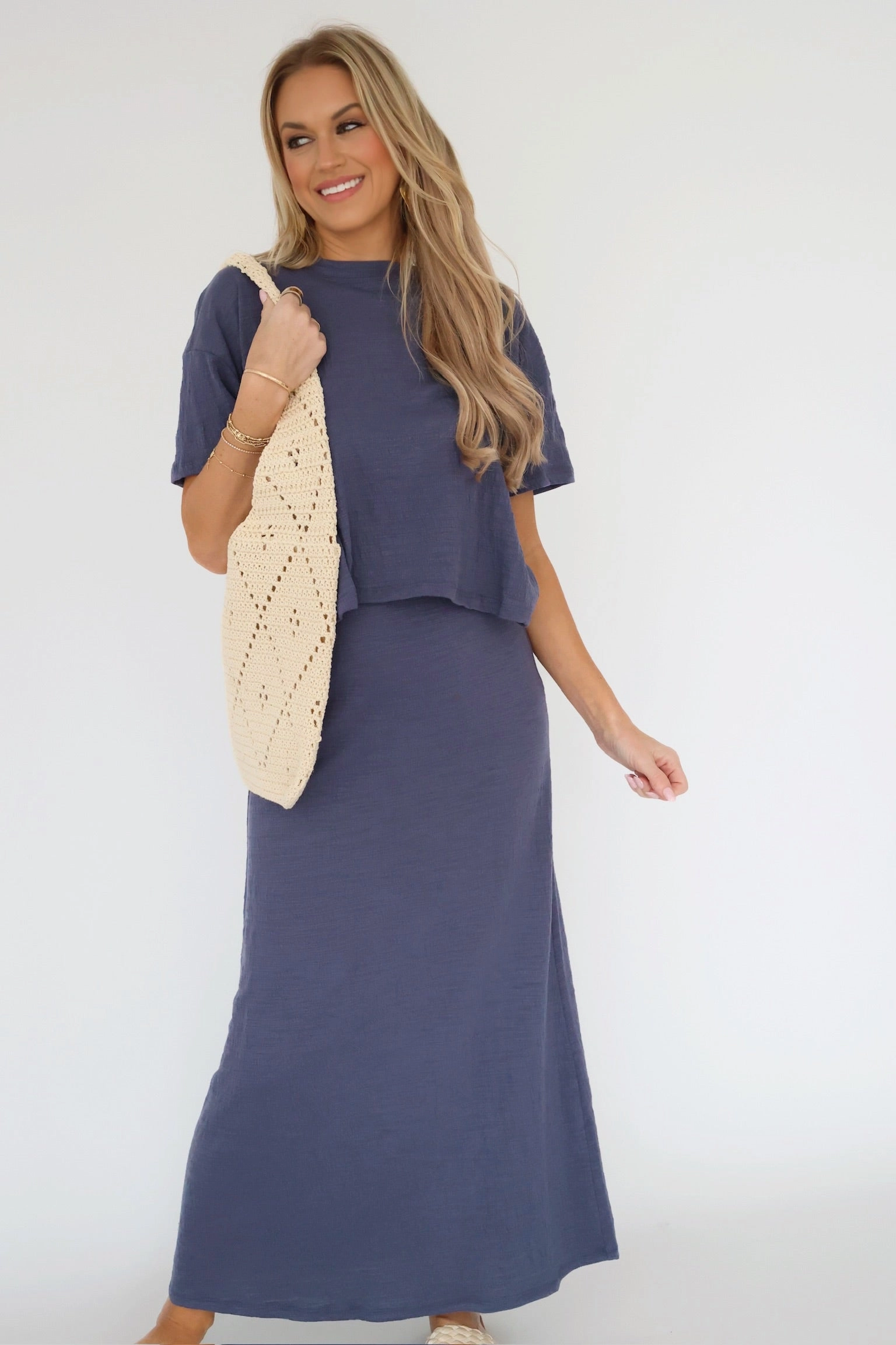 Curved Hem Design Flatlock stitching Delavine Textured Midi Skirt - Worn Blue