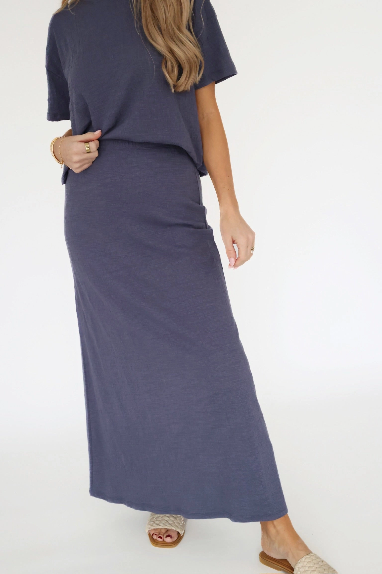 Delavine Textured Midi Skirt - Worn Blue Cozy Sweater
