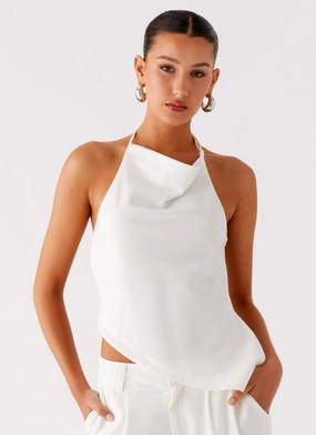 Delong Backless Linen Top - White High Collar Style Hypoallergenic Fabric Blend