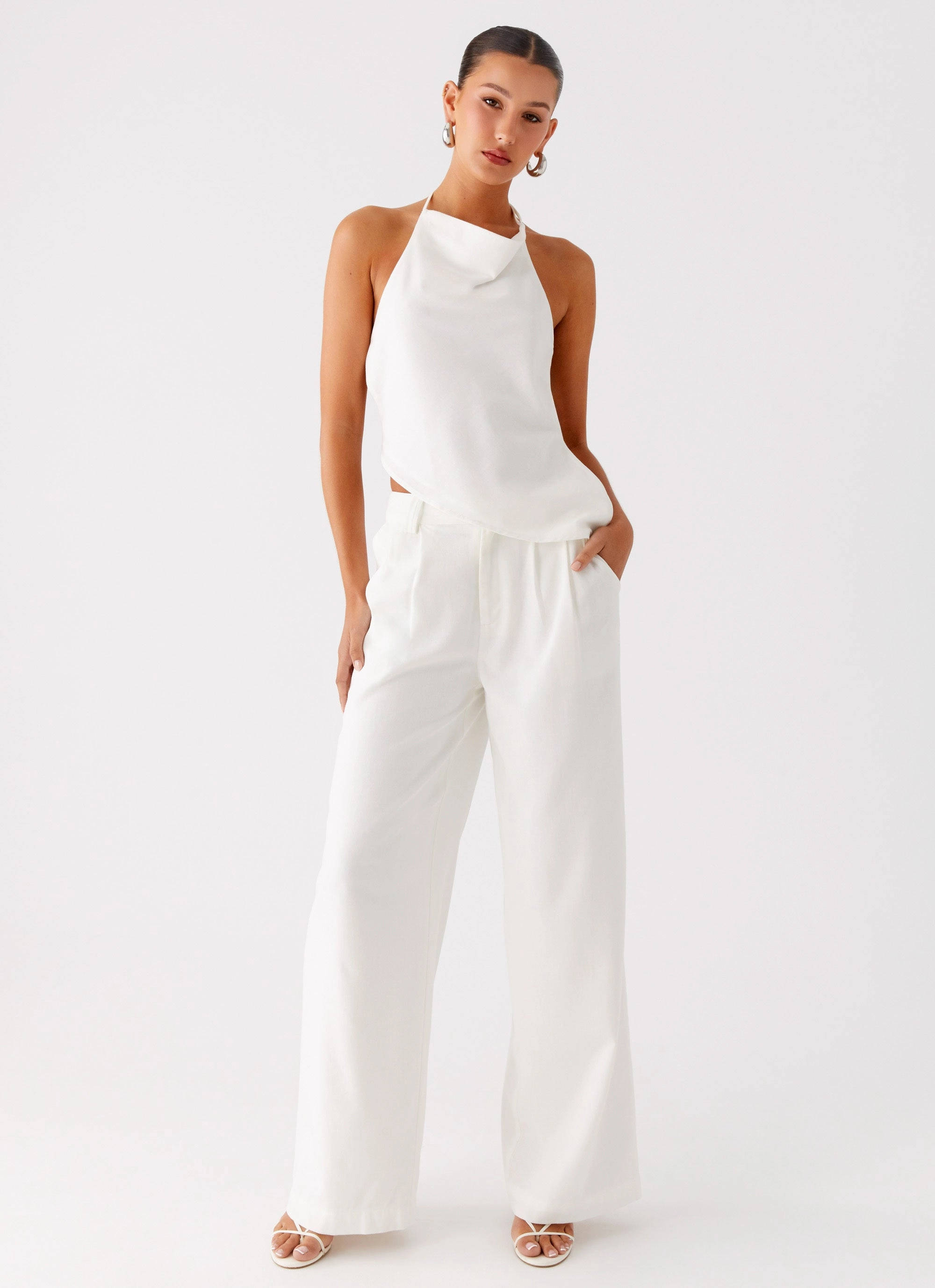 Delong Low Rise Linen Pants - White Easy Fit Piece