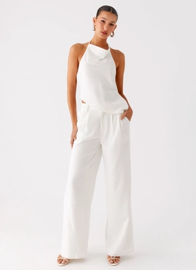 Delong Low Rise Linen Pants - White Easy Fit Piece