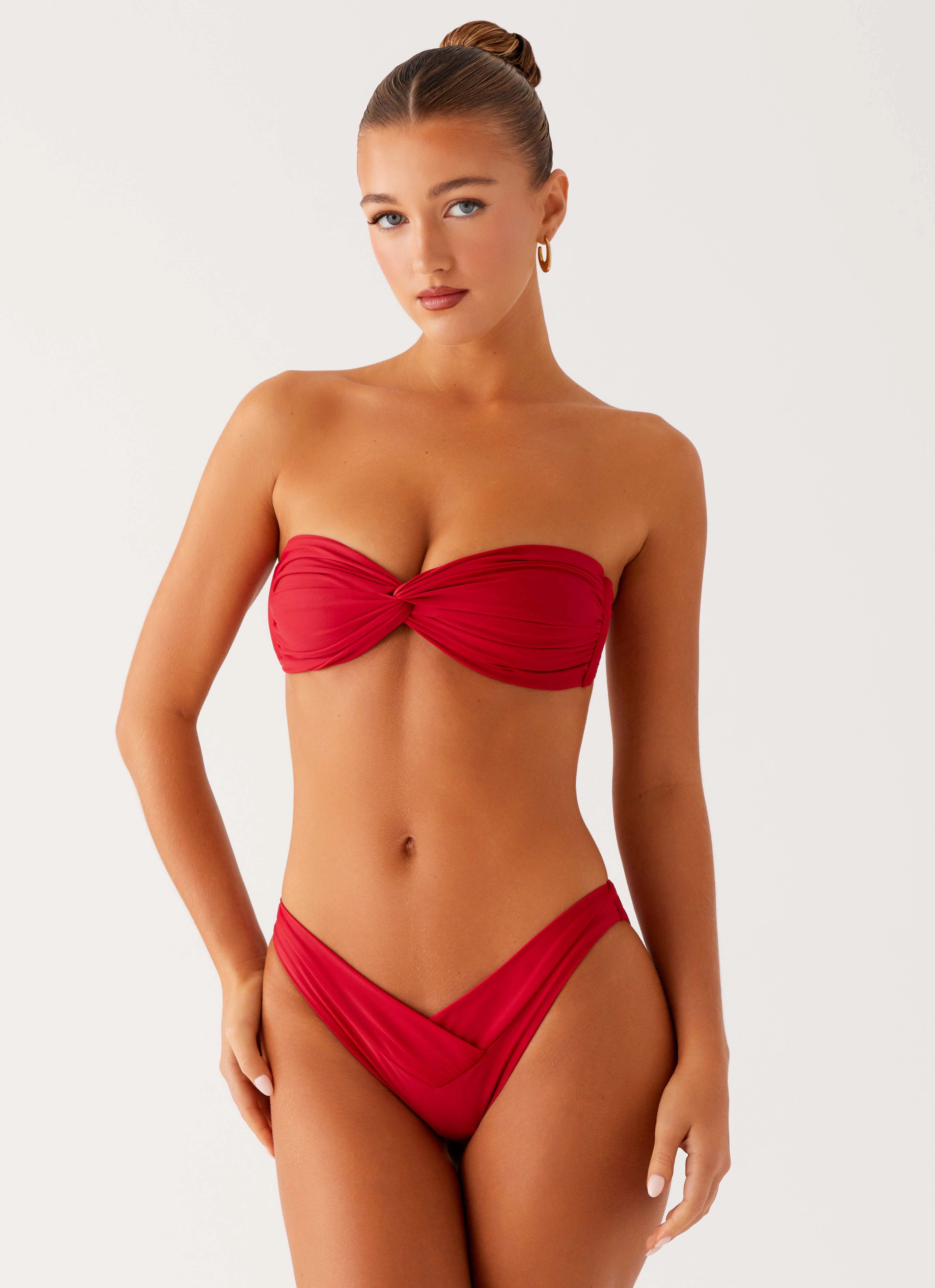 Shimmer-Effect Tumble Resistant Trim Delta Bandeau Bikini Top - Deep Red