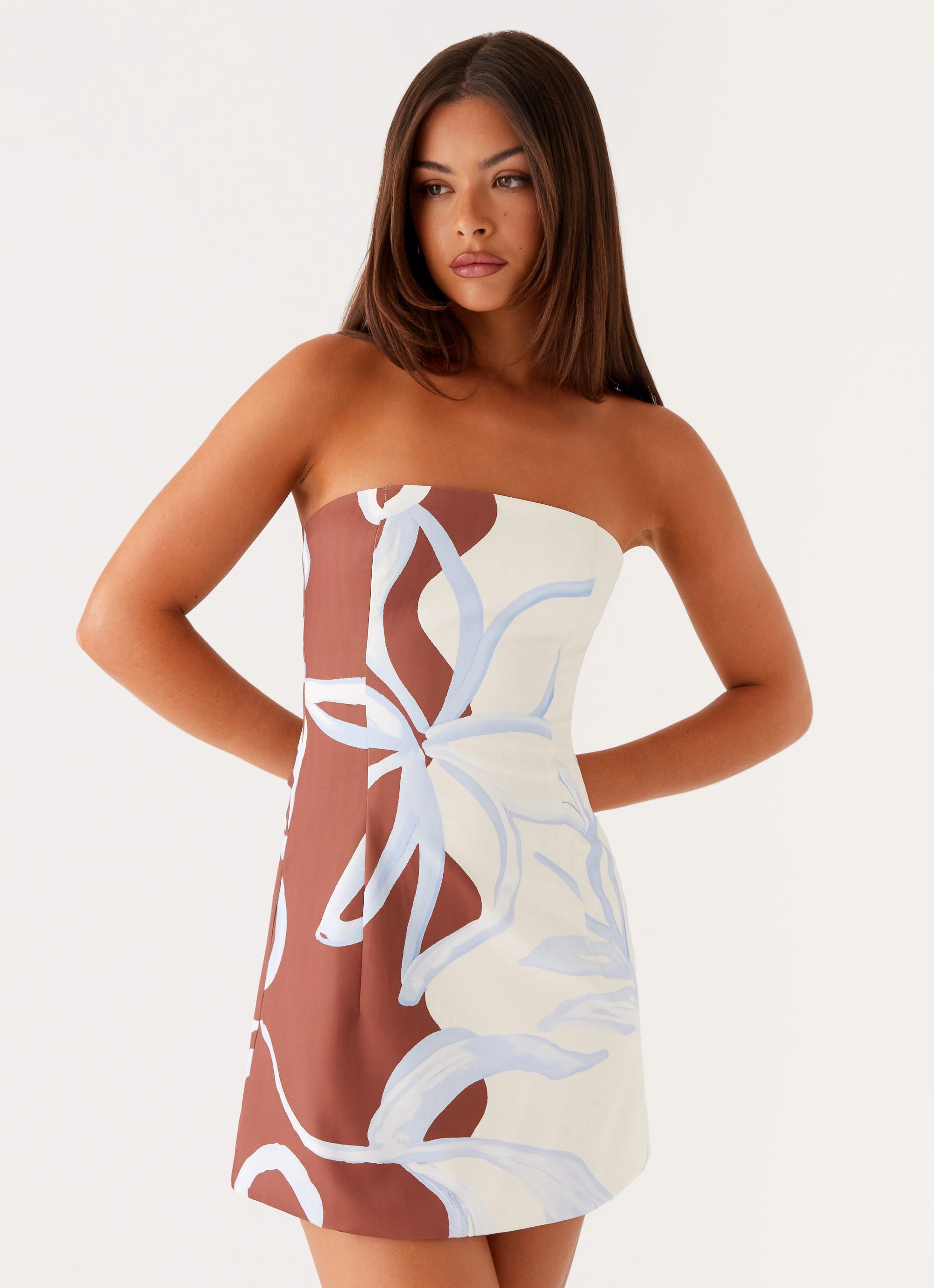 Comfortable Waistband Polished Edge Denby Strapless Mini Dress - Bloom Wave Print