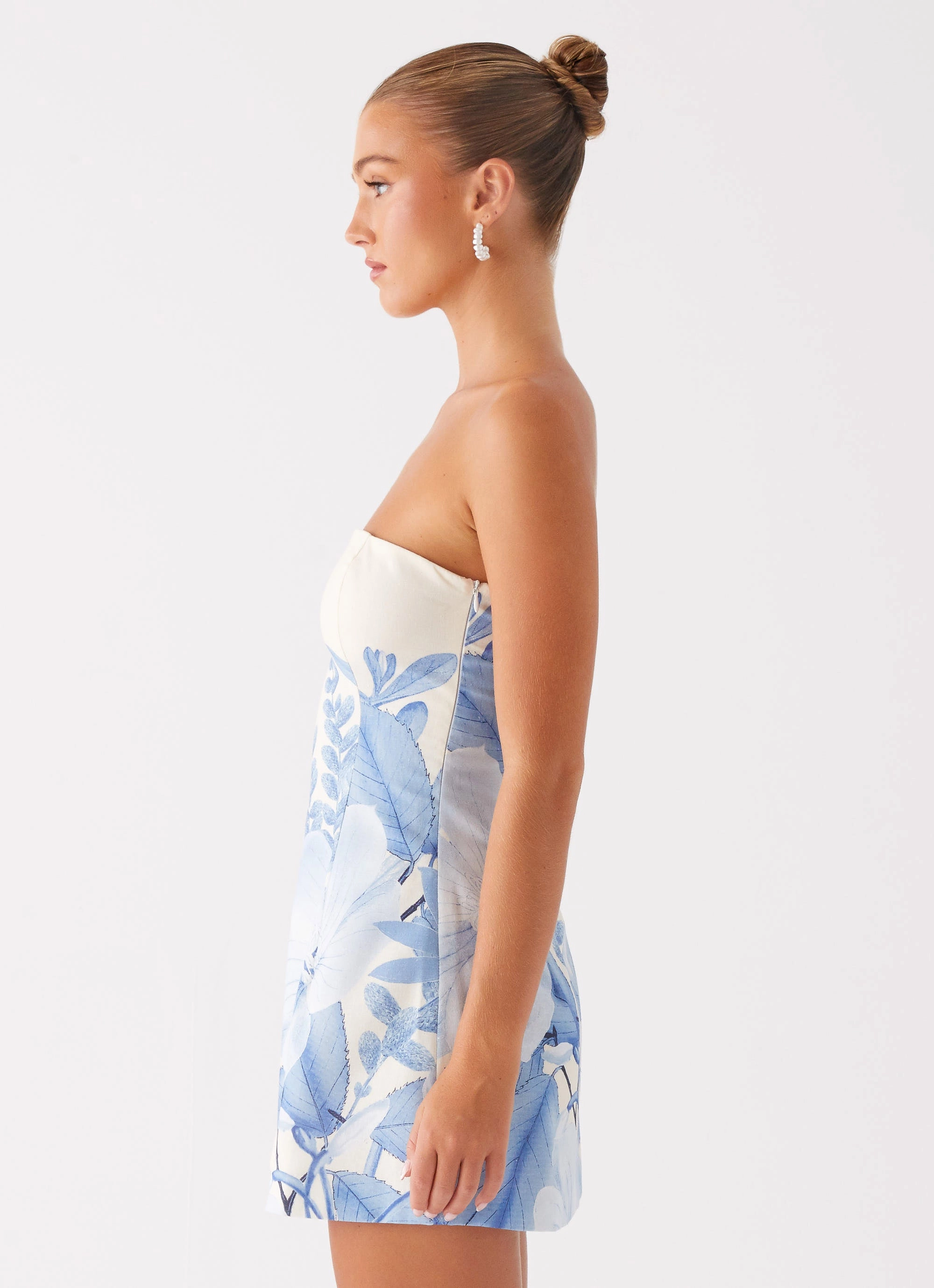 Denby Strapless Mini Dress - Blue Floral Print Vibrant color Easy Texture