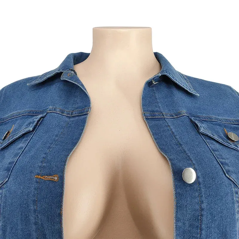 Denim Plus Size Sets Women 2 Piece Set Puff Long Sleeve Jacket Stretch Stacked Jeans