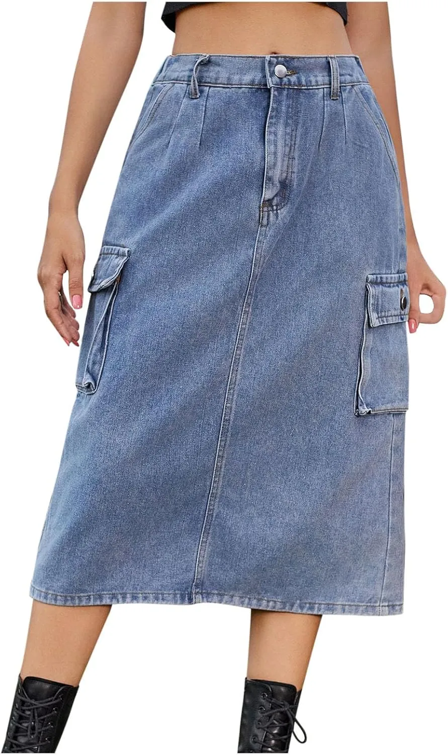 Denim Skirt for Women Below Knee Length High Waisted Jean Skirts Trendy Casual Cute Midi Cargo Skirt Y2K Streetwear