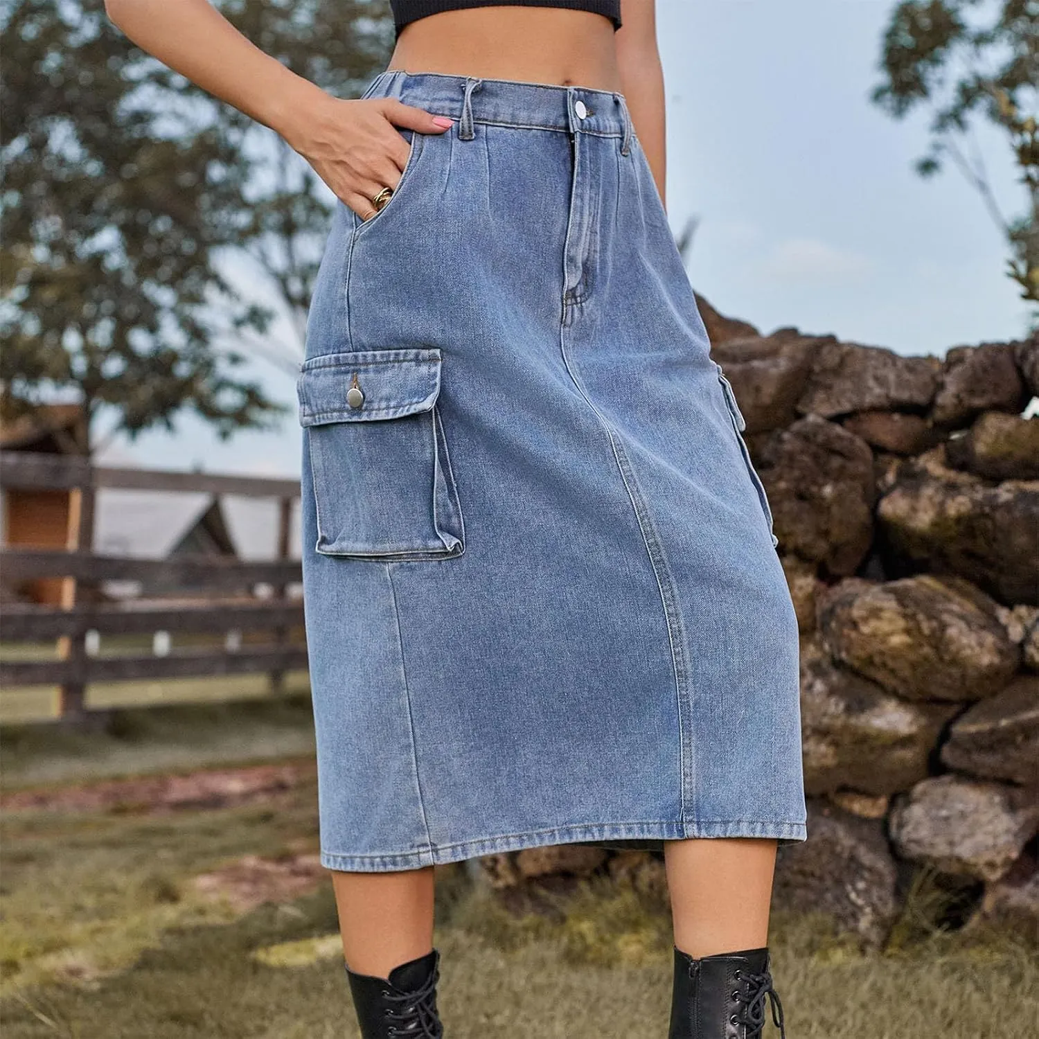 Denim Skirt for Women Below Knee Length High Waisted Jean Skirts Trendy Casual Cute Midi Cargo Skirt Y2K Streetwear