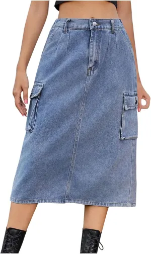 Denim Skirt for Women Below Knee Length High Waisted Jean Skirts Trendy Casual Cute Midi Cargo Skirt Y2K Streetwear