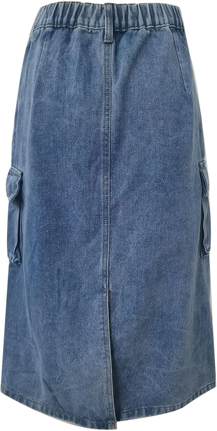 Denim Skirt for Women Below Knee Length High Waisted Jean Skirts Trendy Casual Cute Midi Cargo Skirt Y2K Streetwear