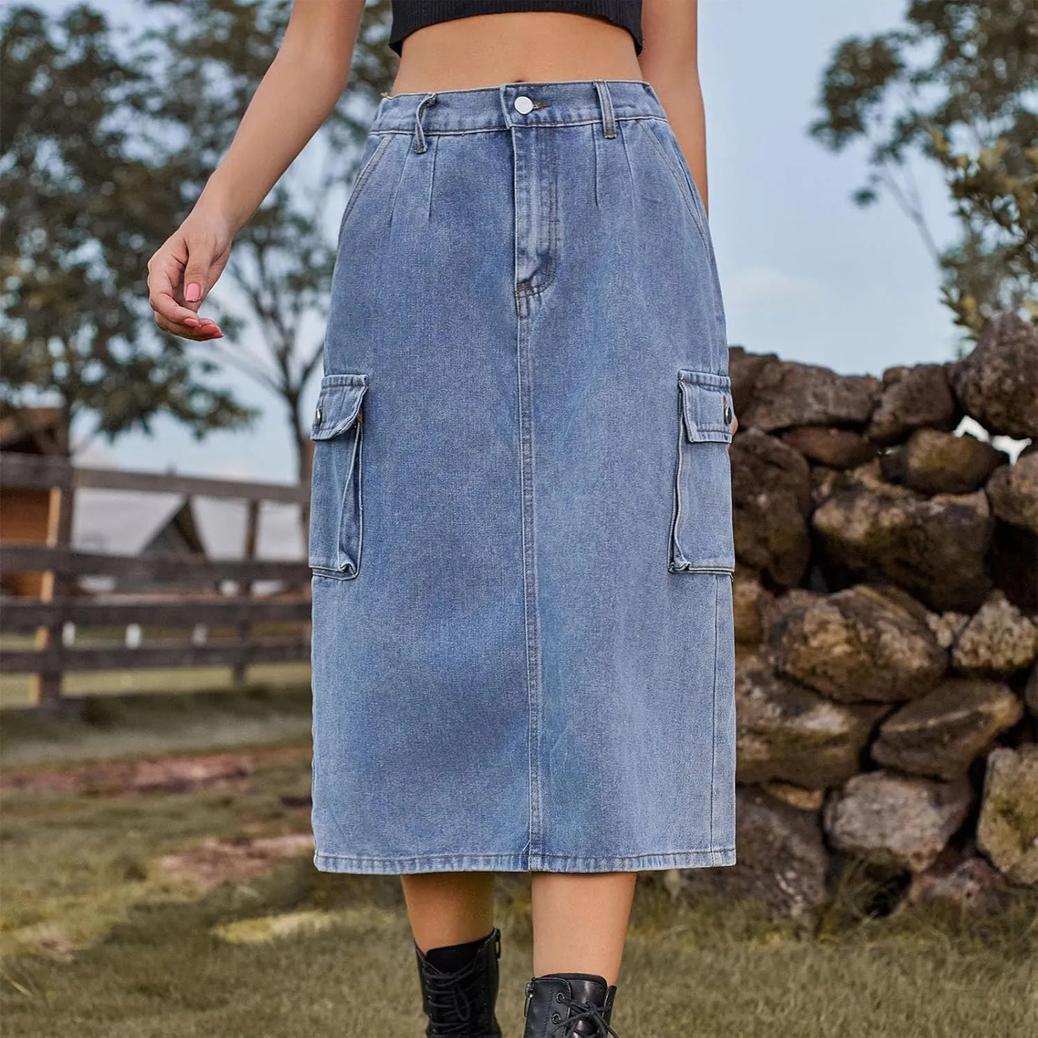 Denim Skirt for Women Below Knee Length High Waisted Jean Skirts Trendy Casual Cute Midi Cargo Skirt Y2K Streetwear