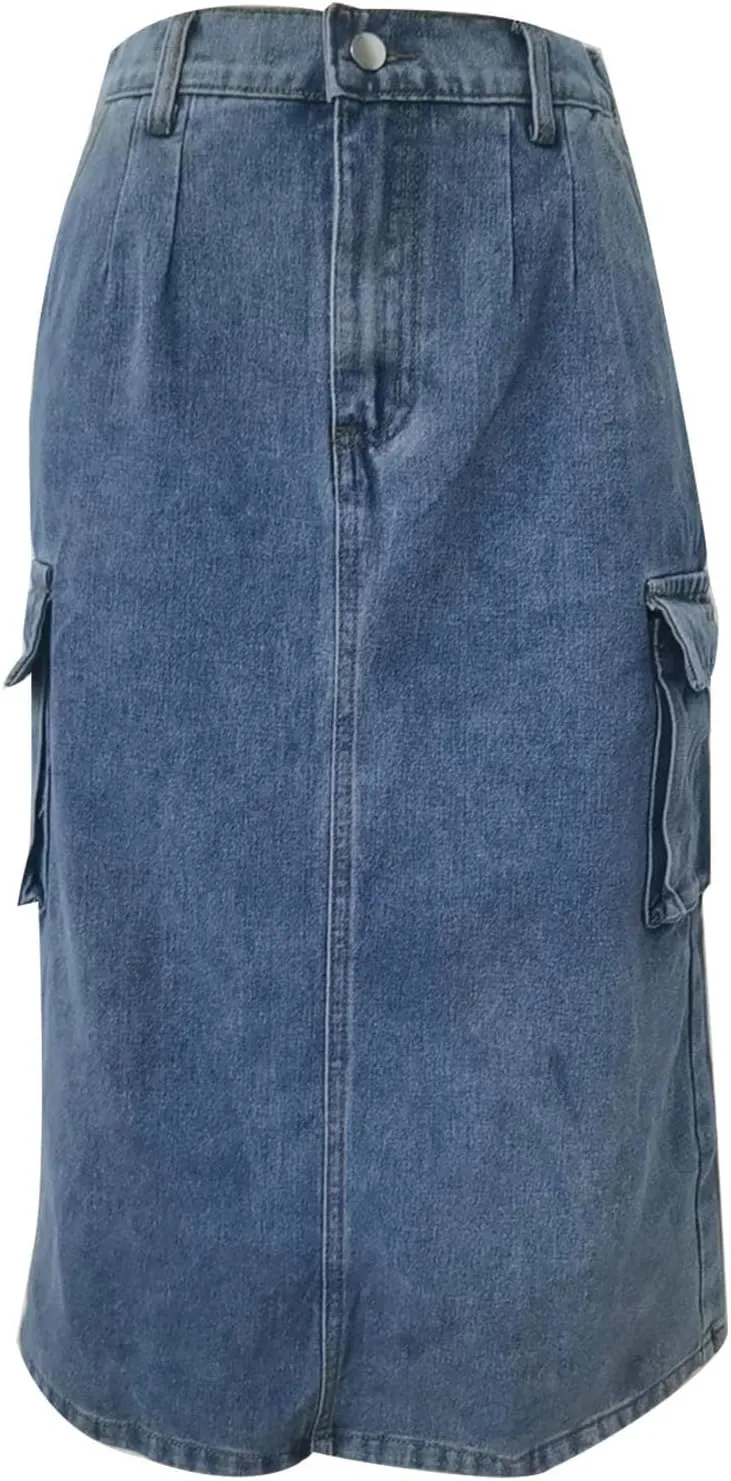 Denim Skirt for Women Below Knee Length High Waisted Jean Skirts Trendy Casual Cute Midi Cargo Skirt Y2K Streetwear