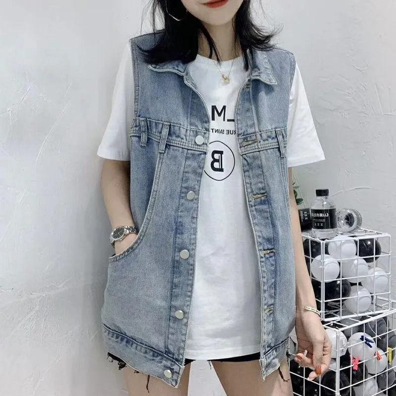Denim Vest Women Student Korean Loose Mid-Length Popular Sleeveless Tank Top Outerwear