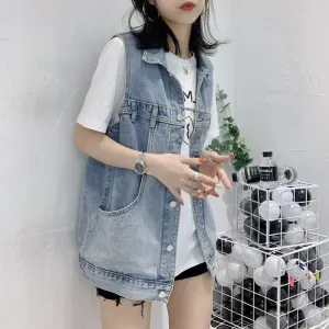 Denim Vest Women Student Korean Loose Mid-Length Popular Sleeveless Tank Top Outerwear