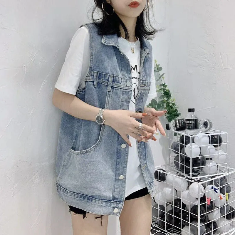 Denim Vest Women Student Korean Loose Mid-Length Popular Sleeveless Tank Top Outerwear