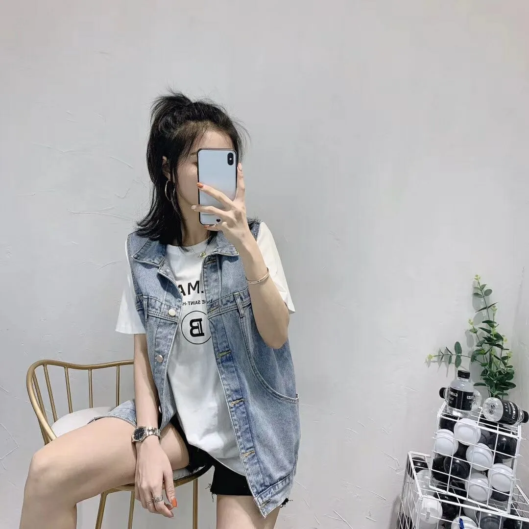 Denim Vest Women Student Korean Loose Mid-Length Popular Sleeveless Tank Top Outerwear