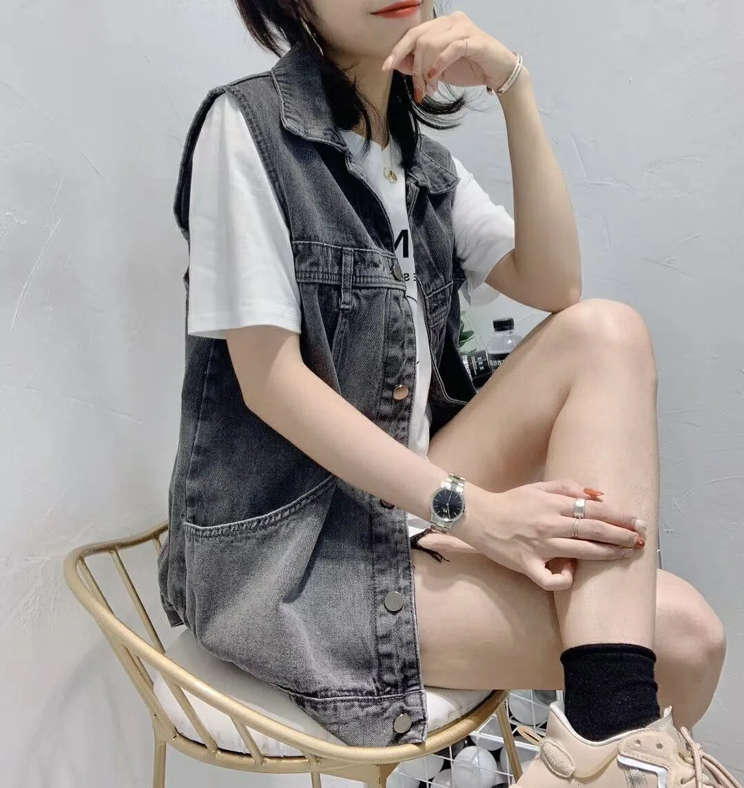 Denim Vest Women Student Korean Loose Mid-Length Popular Sleeveless Tank Top Outerwear