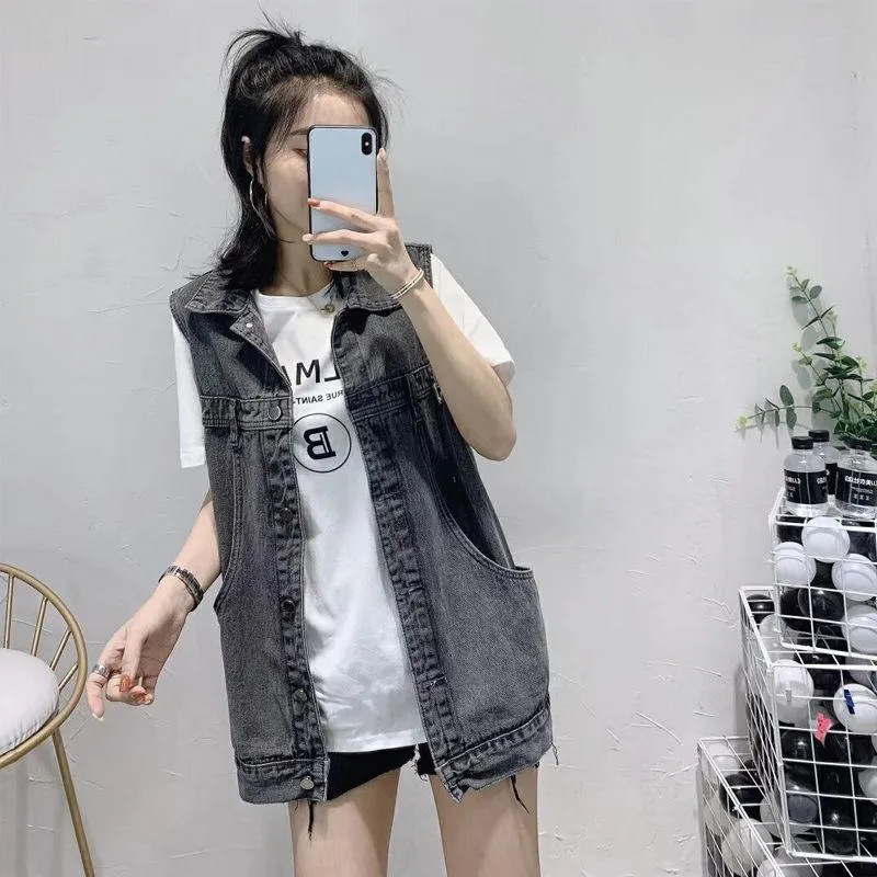 Denim Vest Women Student Korean Loose Mid-Length Popular Sleeveless Tank Top Outerwear