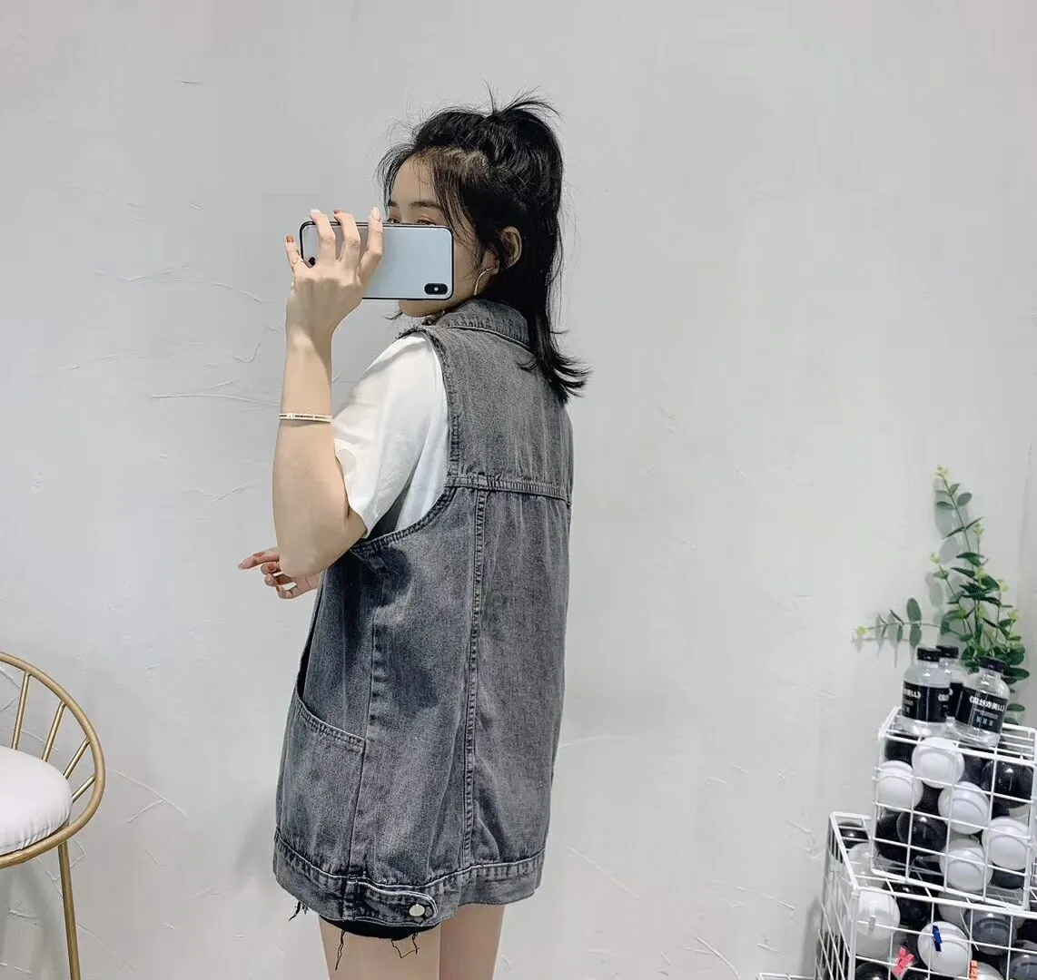 Denim Vest Women Student Korean Loose Mid-Length Popular Sleeveless Tank Top Outerwear