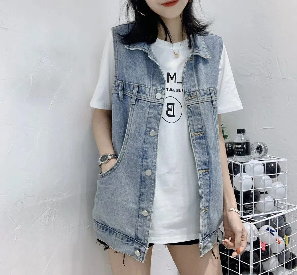 Denim Vest Women Student Korean Loose Mid-Length Popular Sleeveless Tank Top Outerwear