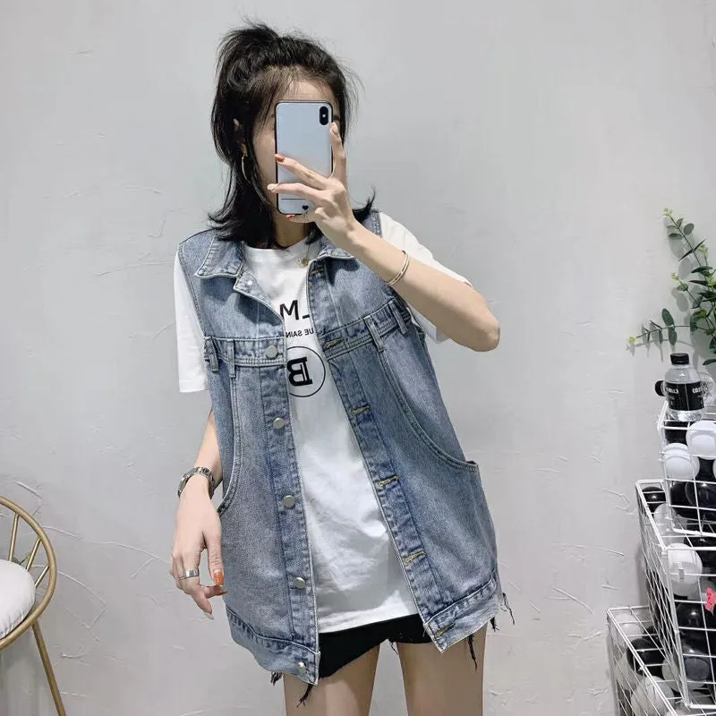 Denim Vest Women Student Korean Loose Mid-Length Popular Sleeveless Tank Top Outerwear