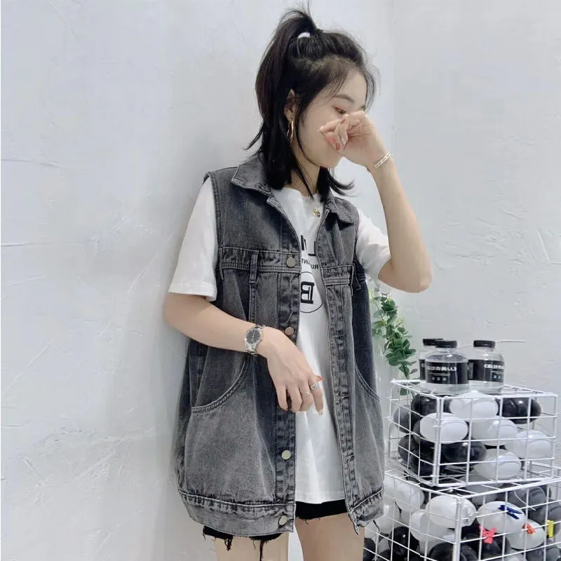 Denim Vest Women Student Korean Loose Mid-Length Popular Sleeveless Tank Top Outerwear