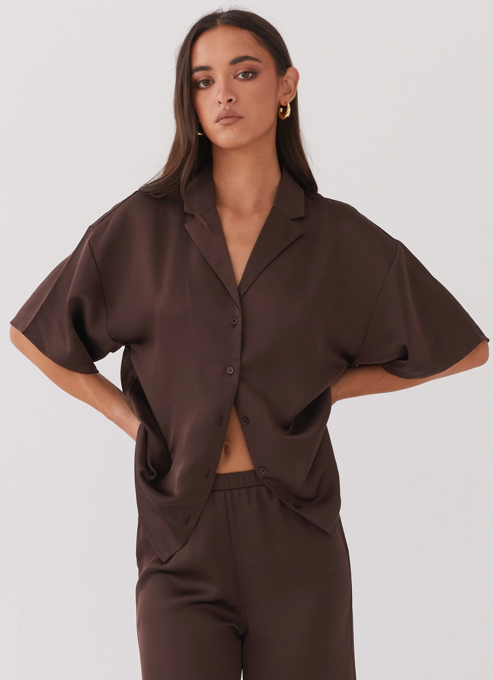 Palm Cove Satin Shirt - Chocolate Reinforced Shoulders Holiday Trip