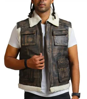 Designer Men Faux Fur Distressed Black Leather Jacket