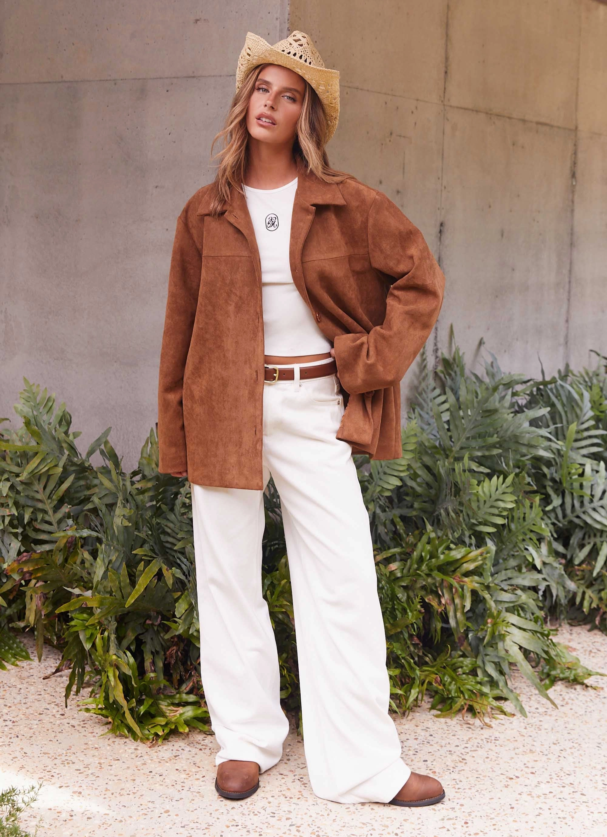 Devika Faux Suede Boxy Jacket - Brown Flexible Fiber Fill stain resistant coating