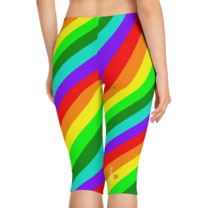 Diagonal Striped Women's Capri Leggings, Knee-Length Polyester Capris Tights-Made in USA (US Size: XS-2XL)