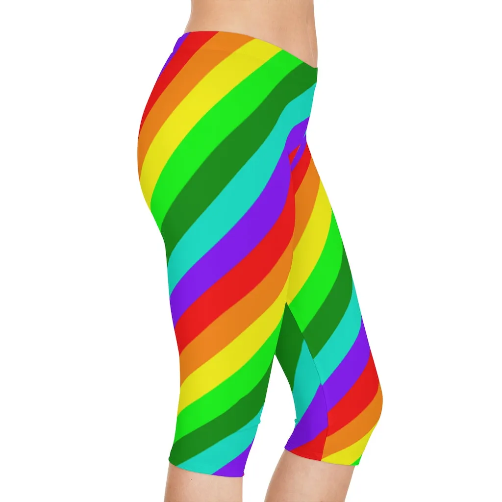 Diagonal Striped Women's Capri Leggings, Knee-Length Polyester Capris Tights-Made in USA (US Size: XS-2XL)