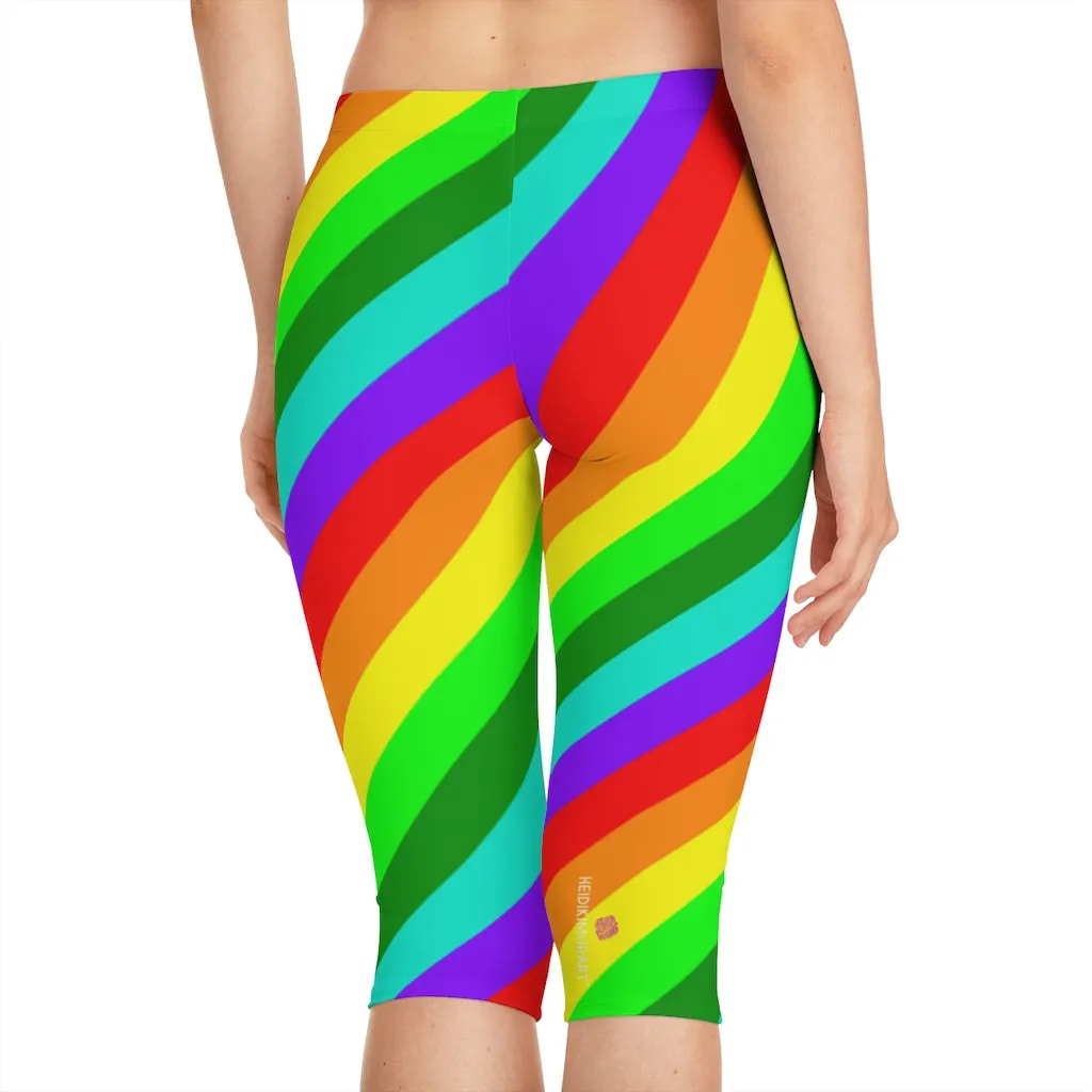 Diagonal Striped Women's Capri Leggings, Knee-Length Polyester Capris Tights-Made in USA (US Size: XS-2XL)