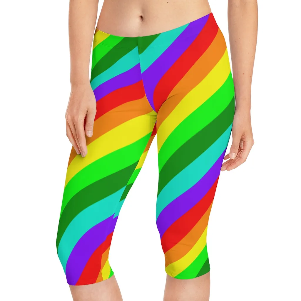 Diagonal Striped Women's Capri Leggings, Knee-Length Polyester Capris Tights-Made in USA (US Size: XS-2XL)