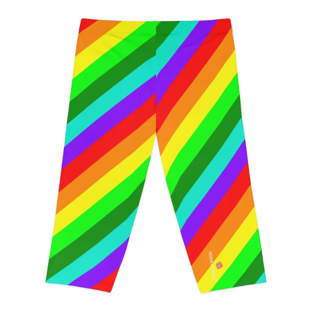 Diagonal Striped Women's Capri Leggings, Knee-Length Polyester Capris Tights-Made in USA (US Size: XS-2XL)