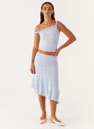 Diamond Sky Midi Skirt - Blue Asymmetrical Cut
