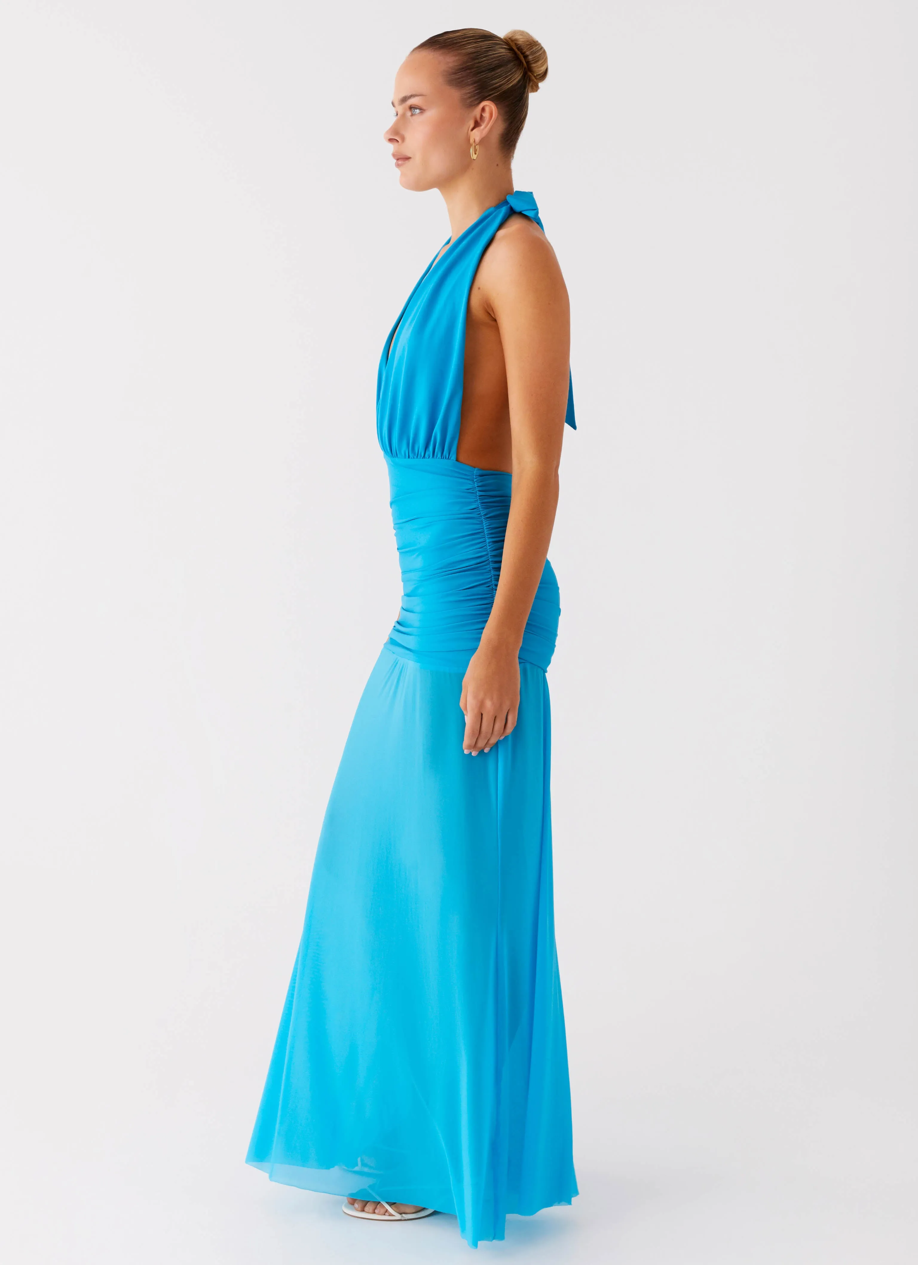 Thermal Regulation Fabric Lightweight Comfort Dilemma Halter Maxi Dress - Turquoise Blue