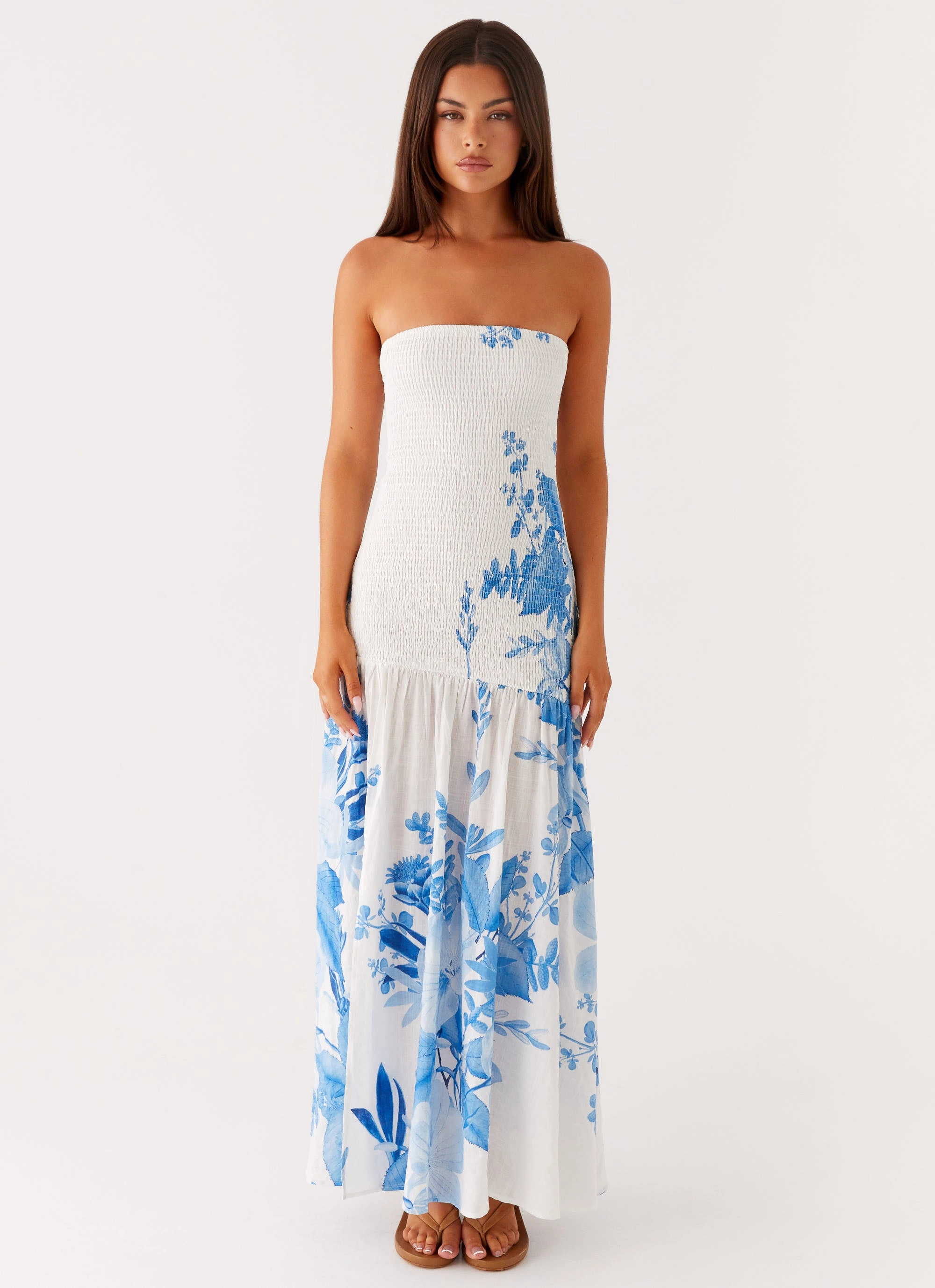 A Line Cut Rebecca Maxi Dress - Blue Floral Print