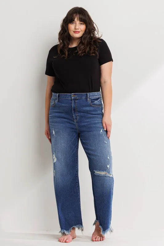 Distressed Ankle Cropped Wide Leg Jean