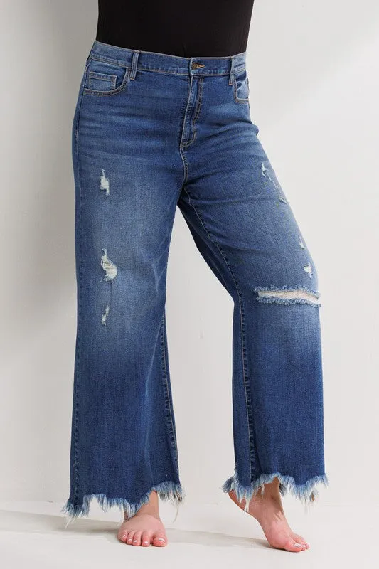Distressed Ankle Cropped Wide Leg Jean
