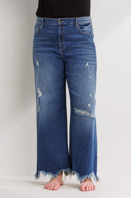 Distressed Ankle Cropped Wide Leg Jean