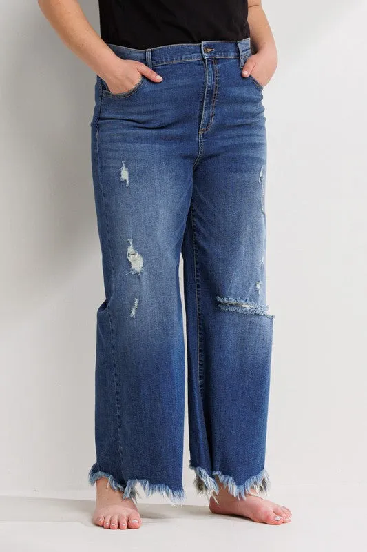 Distressed Ankle Cropped Wide Leg Jean
