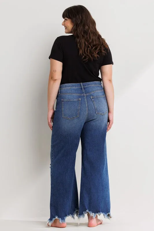 Distressed Ankle Cropped Wide Leg Jean