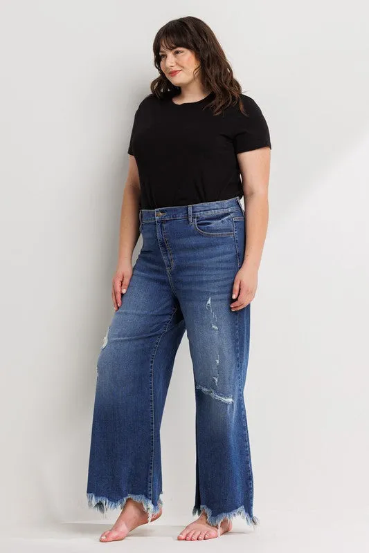 Distressed Ankle Cropped Wide Leg Jean