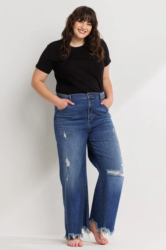 Distressed Ankle Cropped Wide Leg Jean