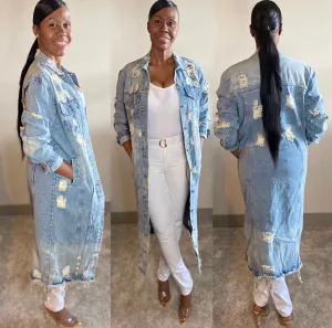Distressed Long Denim Jacket (Curvy Girls Plus)