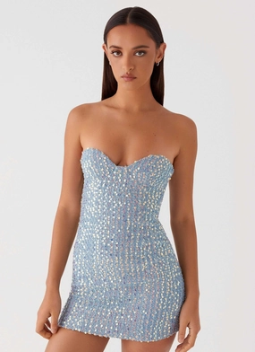 Disturbia Sequin Mini Dress - Sequin Denim Sleek Attire Disturbia Sequin Mini Dress - Sequin Denim Color-Blocked Move Free