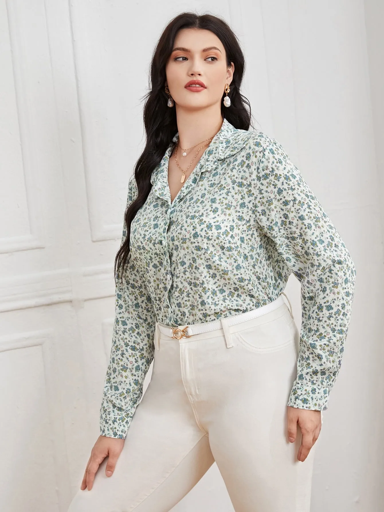 Ditsy Floral Button Front Long Sleeve Collar Long Plus Size Blouse