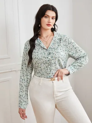 Ditsy Floral Button Front Long Sleeve Collar Long Plus Size Blouse