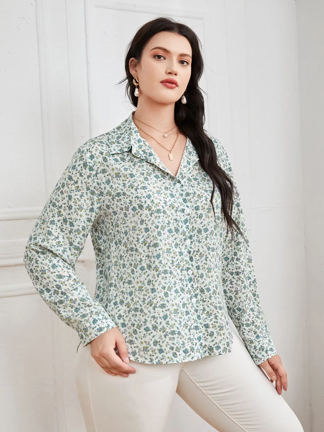 Ditsy Floral Button Front Long Sleeve Collar Long Plus Size Blouse