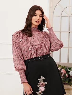 Ditsy Floral Shirred Long Sleeve Stand Collar Regular Plus Size Blouse
